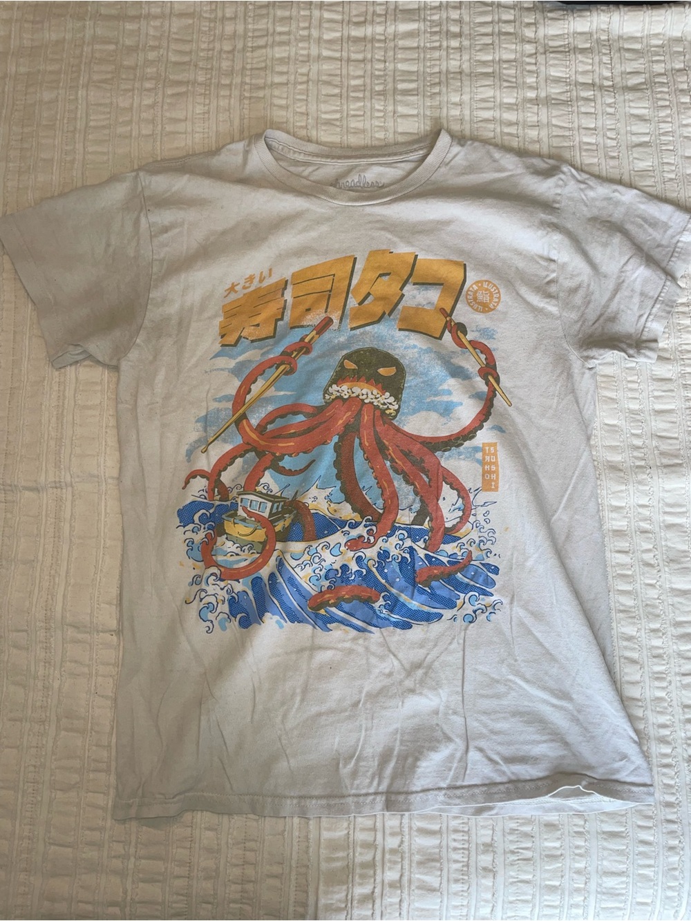 Threadless White Kids Tee with Red Octopus and Blue Wave Graphic